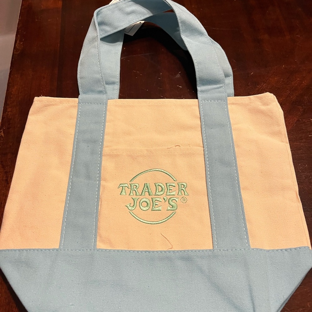 Trader Joe's Beige and Light Blue Mini Canvas Tote Bag